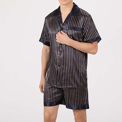 

Men's Sleepwear Silk Pajama 2 Pieces Stripe Simple Comfort Home Daily Faux Silk Breathable Lapel Short Sleeve Shorts Pocket Fall Spring Black
