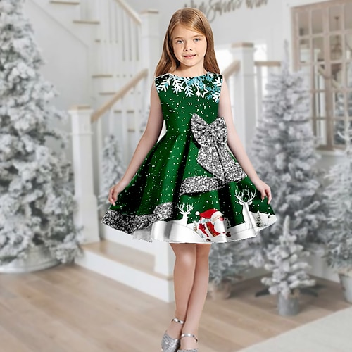 

Kids Girls' Christmas Dress Santa Claus Swing Dress Knee-length Dress Christmas Gifts Ruffle Crew Neck Sleeveless Elegant Dress 2-13 Years Winter Green