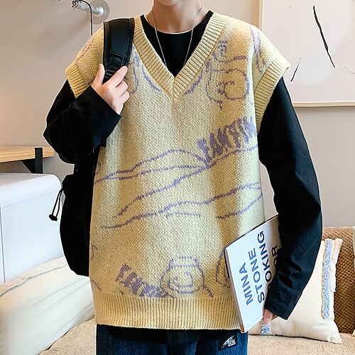 

Men's Sweater Vest Ribbed Knit Knitted Oversize Letter V Wire Fashion Modern Contemporary Daily Wear Vacation Clothing Apparel Winter Fall Green Black M L XL