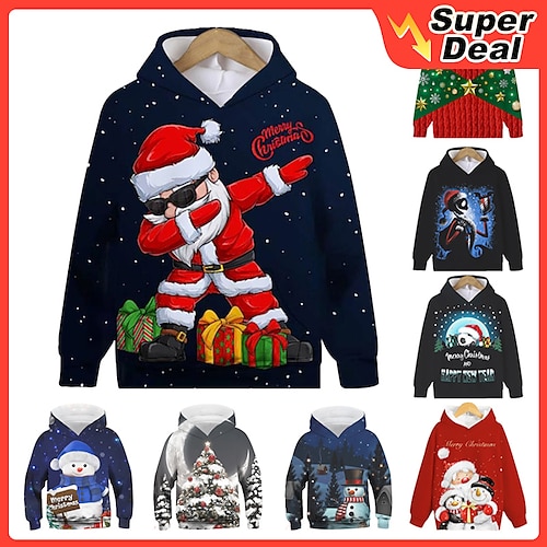 

Kids Boys Christmas Hoodie Pullover Graphic Santa Claus Snowflake Long Sleeve Pocket Children Top Christmas Gifts 3D Print Hoodie Cool Daily Green Black Blue Winter 7-13 Years