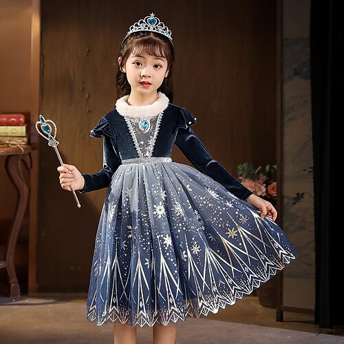 

Kids Girls' Dress Snowflake A Line Dress Midi Dress Casual Crew Neck Long Sleeve Adorable Dress 3-12 Years Winter Navy Blue