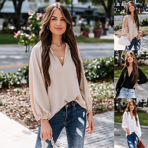 

Women's Shirt Elastic Cuff Solid / Plain Color Classic V Neck Regular Spring & Fall Black Khaki White