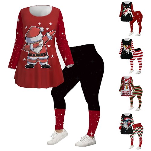 

Women's Plus Size Tops Christmas Set Graphic Santa Claus Print Long Sleeve V Neck Casual Festival Vacation Polyester Winter Fall Red