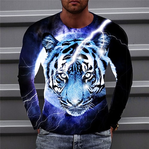 

Men's T shirt Tee Tiger Graphic Prints Crew Neck Blue Purple Yellow Light Blue Gray 3D Print Outdoor Street Long Sleeve Print Clothing Apparel Basic Sports Designer Casual