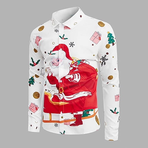 Christmas Men's Funny Christmas Printed Shirts Shirts Santa Claus Turndown  White+Red Green Black Army Green Red 3D Print Outdoor Long Sleeve  Button-Down Print Clothing Apparel Fashion Designer Casual 2026 - GBP 24