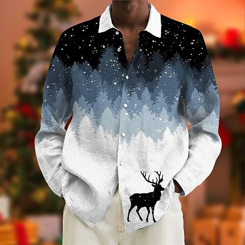 

Men's Shirt Graphic Shirt Tree Elk Turndown Blue 3D Print Christmas Street Long Sleeve Button-Down Print Clothing Apparel Fashion Designer Casual Breathable