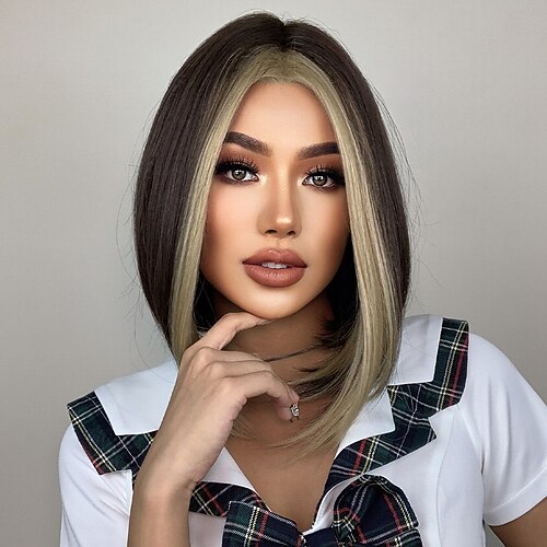 

14 Inch Synthetic Wig Ladies Wig Brown Highlights With Blonde Long Straight Hair Mid Style Fashion Daily Party Cosplay