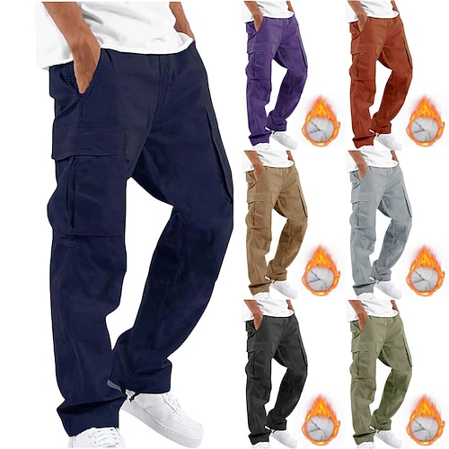 

Men's Cargo Pants Cargo Trousers Fleece Pants Winter Pants Trousers Drawstring Elastic Waist Leg Drawstring Plain Comfort Warm Daily Holiday Going out Cotton Blend Sports Fashion Navy Blue Orange