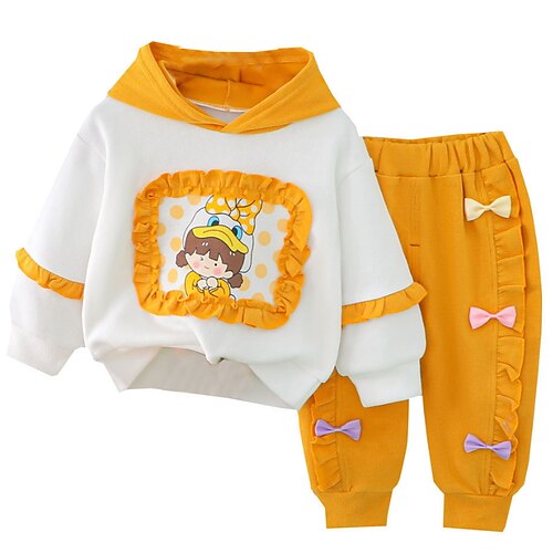 

2 Pieces Toddler Girls' Cartoon Hoodie & Pants Set Long Sleeve Active Outdoor 3-7 Years Winter Purple Pink Yellow
