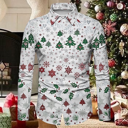 

Men's Shirt Tree Snowflake Turndown Blue Pink Yellow White 3D Print Outdoor Christmas Long Sleeve Button-Down Print Clothing Apparel Fashion Designer Casual Breathable