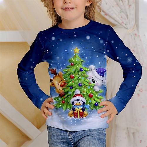 

Kids Girls' Ugly Christmas T shirt Snowman Christmas Gifts 3D Printing Long Sleeve Crewneck Cute 7-13 Years Winter Blue Sky Blue Royal Blue