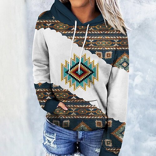 

Women's Hoodie Sweatshirt Pullover Ethnic Front Pocket Blue Khaki Dark Blue Geometric Casual Hoodie Long Sleeve S M L XL 2XL 3XL