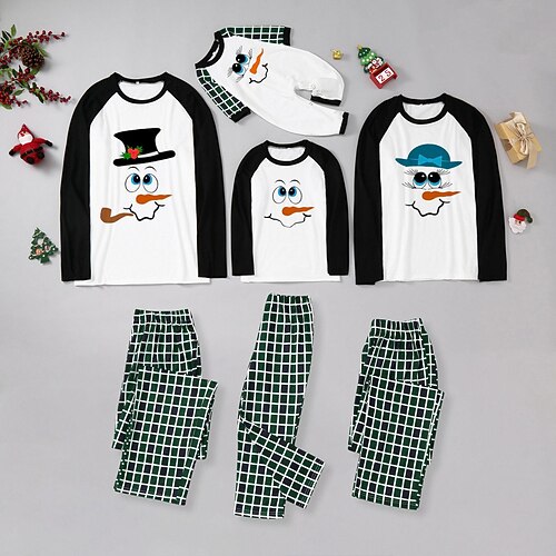 

Christmas Pajamas Family Plaid Snowman Home Green Long Sleeve Basic Matching Outfits
