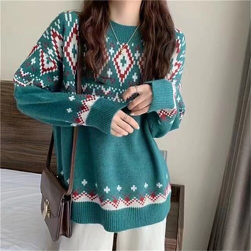 

Women's Ugly Christmas Sweater Pullover Sweater Jumper Ribbed Knit Knitted Geometric Crew Neck Stylish Casual Outdoor Christmas Winter Fall Green Red S M L