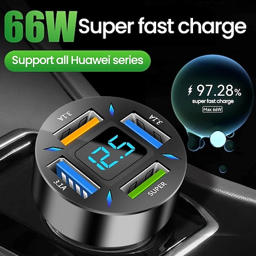 

4 in 1 66W Car Charger Quick Charge Cigarette Lighter Adapter 4-Port USB AUSB C Fast Charging Phone Charger for iPhone Xiaomi Samsung