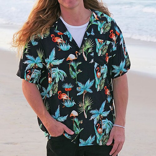 

Men's Shirt Summer Hawaiian Shirt Floral Flamingo Graphic Prints Turndown Black Casual Going out Short Sleeves Button-Down Print Clothing Apparel Tropical Hawaiian Designer Casual