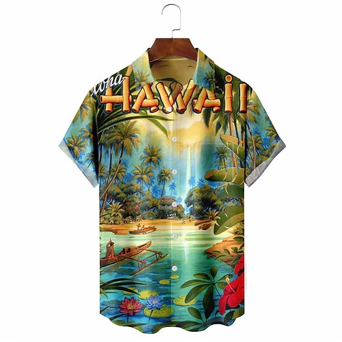 

Men's Shirt Summer Hawaiian Shirt Letter Scenery Graphic Prints Turndown Green Outdoor Street Short Sleeves Button-Down Print Clothing Apparel Tropical Fashion Hawaiian Designer