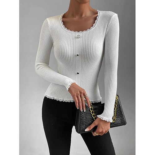 

Women's Shirt Blouse White Plain Lace Trims Crochet Long Sleeve Casual Basic Round Neck Regular S