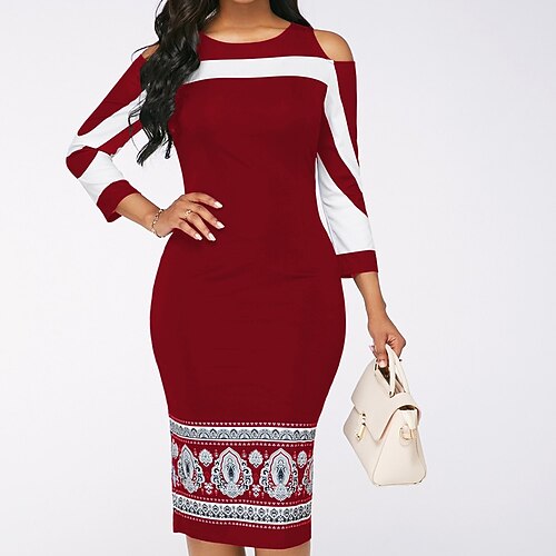 

Women's Work Dress Bodycon Sheath Dress Midi Dress Black Red Blue Long Sleeve Graphic Cold Shoulder Winter Fall Spring Crew Neck Modern Date Loose Fit 2023 M L XL 2XL 3XL 4XL