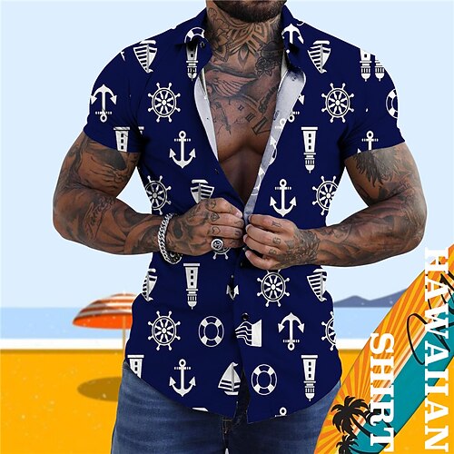 

Men's Shirt Summer Hawaiian Shirt Graphic Prints Anchor Rudder Turndown Navy Blue Green Street Casual Short Sleeves Button-Down Print Clothing Apparel Tropical Fashion Hawaiian Designer
