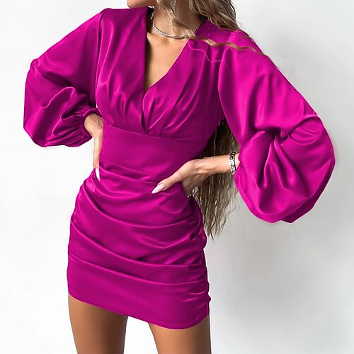 

Women's Party Dress Satin Dress Sheath Dress Mini Dress Yellow Purple Fuchsia Long Sleeve Pure Color Ruched Winter Fall Spring V Neck Fashion Party 2023 S M L XL