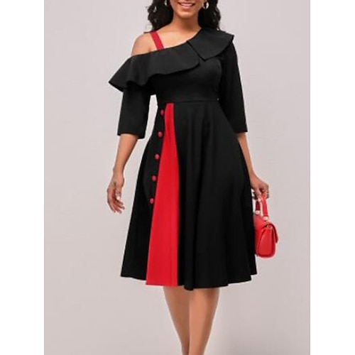 

Women's Swing Dress Vintage Dress Midi Dress Black Half Sleeve Color Block Ruffle Winter Fall Spring Cold Shoulder Fashion Daily 2023 Style S M L XL XXL