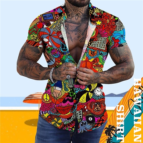 

Men's Shirt Abstract Graphic Prints Turndown Red Blue Street Casual Short Sleeves Button-Down Print Clothing Apparel Tropical Fashion Designer Hawaiian