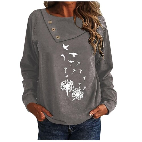 

Mujer Blusa Negro Vino Gris Diente de león Botón Estampado Manga Larga Casual Festivos Básico Escote Redondo Regular Algodón Flor S