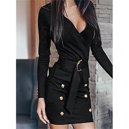 

Women's Work Dress Bodycon Sheath Dress Mini Dress Black Long Sleeve Pure Color Button Spring Fall Winter V Neck Fashion Office Fall Dress Spring Dress 2023 M L XL