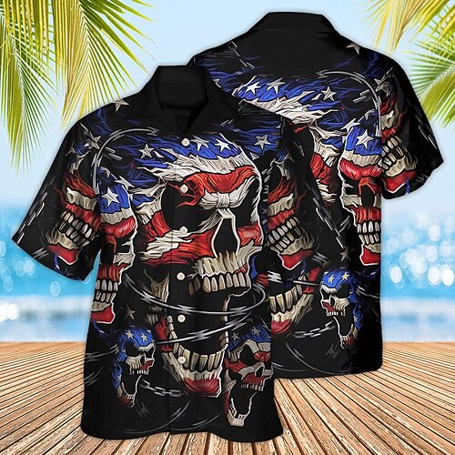 

Men's Shirt Summer Hawaiian Shirt Skull Graphic Prints American Flag Turndown Black Casual Holiday Short Sleeve Button-Down Print Clothing Apparel Tropical Fashion Hawaiian Soft