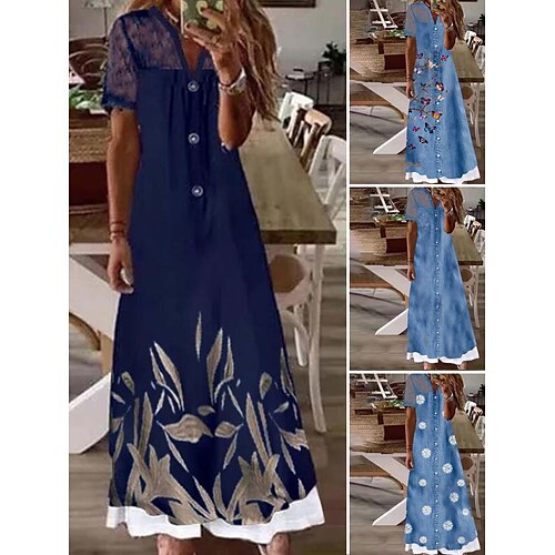 

abito casual da donna abito in denim abito lungo abito maxi blu acqua blu scuro manica corta maglia floreale inverno autunno primavera scollo a v moda quotidiano 2023 s m l xl xxl 3xl