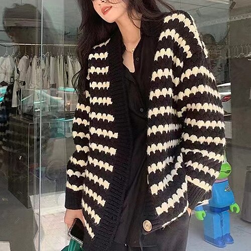 

Women's Cardigan Sweater Jumper Waffle Knit Hollow Out Button Striped V Neck Casual Daily Weekend Winter Fall Black One-Size