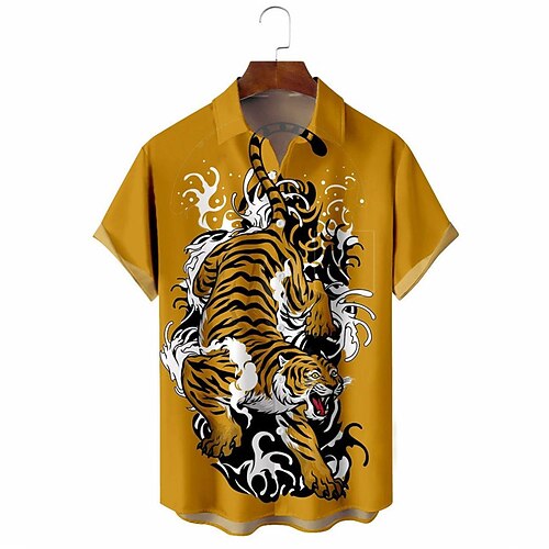 

Men's Shirt Animal Tiger Graphic Prints Turndown Yellow Outdoor Street Short Sleeves Button-Down Print Clothing Apparel Sports Fashion Cool Designer