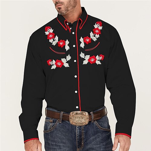 

Men's Shirt Western Shirt Floral Graphic Prints Turndown Yellow Red Outdoor Street Long Sleeve Button-Down Print Clothing Apparel Vintage Streetwear Designer western style
