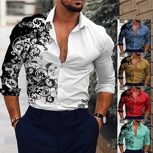 

Men's Shirt Floral Print Long Sleeve Button-Down Tops Turndown Green Black Blue Red Brown Daily Holiday Fashion Casual Breathable