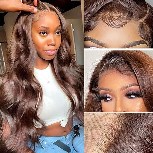 

chokoladebrun blonde frontparyk gennemsigtig 13x4 body wave front menneskehår parykker til sorte kvinder 150% tæthed brasiliansk kastanjebrun hd blonde frontal parykker færdigplukket med babyhår 22