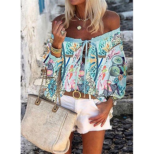

Women's Shirt Blouse Black White Blue Floral Butterfly Lace up Print Long Sleeve Casual Holiday Basic Off Shoulder Regular Floral Butterfly S