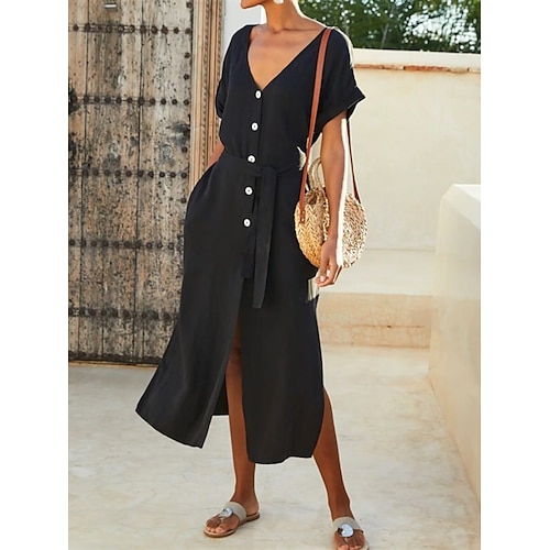 

Women's Casual Dress Linen Dress Shift Dress Midi Dress Black Short Sleeve Pure Color Lace up Fall Spring Autumn V Neck Fashion Daily Spring Dress 2023 S M L XL 2XL