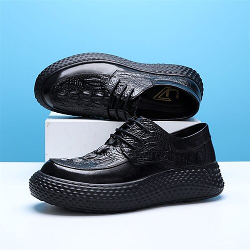

Men's Oxfords Leather Shoes Crocodile Pattern Business Casual Daily Office Career Walking Shoes Leather Warm Breathable Black-Fleece Lined Black Winter Fall