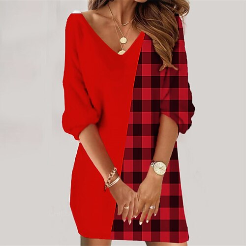 

Damen Sweatshirt-Kleid Etuikleid Sweat-Kleid Minikleid Wein Rote 3/4 Ärmel Plaid Bedruckt Winter Herbst Frühling V Ausschnitt Modisch Täglich 2022 S M L XL XXL 3XL