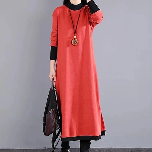 

Women's Casual Dress Shift Dress Red Dress Midi Dress Black Red Grey Long Sleeve Color Block Split Winter Fall Spring High Neck Basic Daily Vacation 2022 M L XL XXL