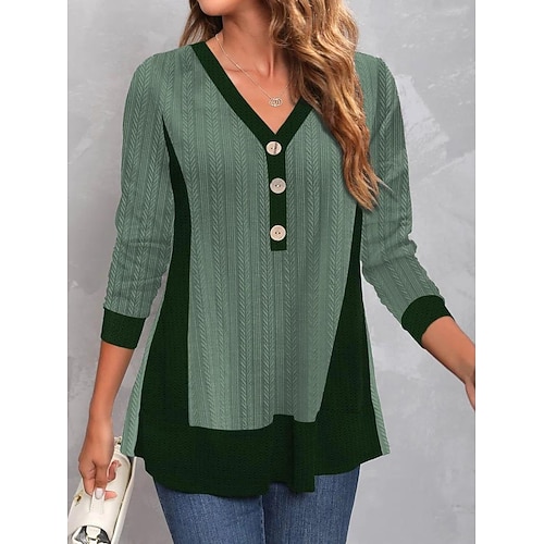 

Women's T shirt Tee Ocean green Color Block Patchwork Long Sleeve Casual Basic V Neck Regular S