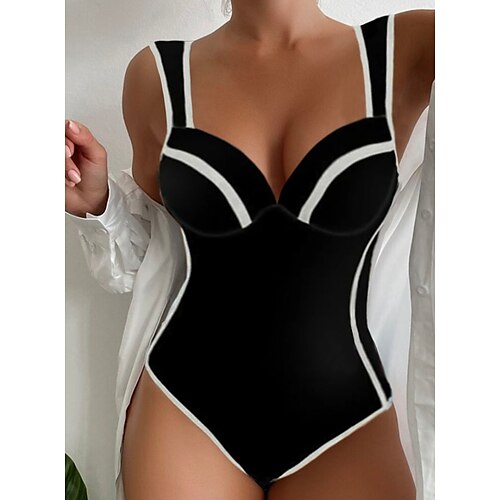 

Mulheres Roupa de Banho Uma pedaço Normal roupa de banho Estampado Bloco de cor Preto Com Alças Fatos de banho Sensual Férias Sensual