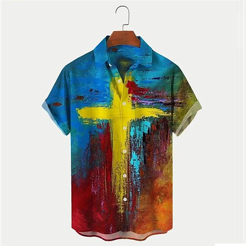 

Men's Shirt Graphic Prints Cross Turndown Blue 3D Print Outdoor Street Short Sleeves Button-Down Print Clothing Apparel Vintage Fashion Cool Designer