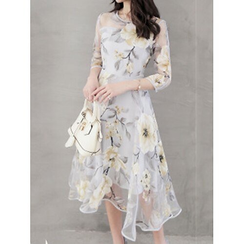 

Mulheres Vestido casual Vestido Swing Vestido midi Branco Amarelo Cinzento Manga 3/4 Flor Com Transparência Verão Primavera Gola Redonda Moda 2023 S M L XL XXL