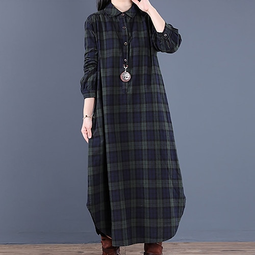 

Damen Casual kleid blusenkleid Kariertes Kleid Midikleid Rote Grün Langarm Plaid Taste Winter Herbst Frühling Hemdkragen Modisch Täglich Urlaub Lockere Passform 2023 M L XL XXL