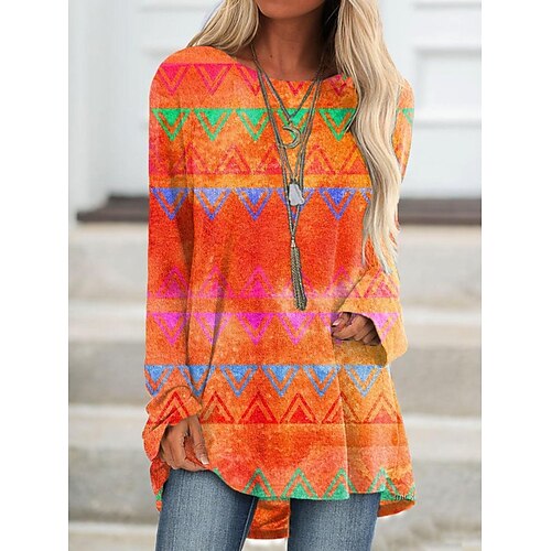 

Women's T shirt Tee Red Blue Orange Geometric Color Block Print Long Sleeve Daily Weekend Tunic Basic Round Neck Long Geometric Painting S