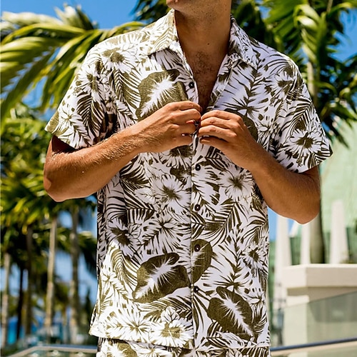 

Men's Shirt Graphic Prints Leaves Turndown Green Outdoor Street Short Sleeves Button-Down Print Clothing Apparel Tropical Fashion Designer Hawaiian