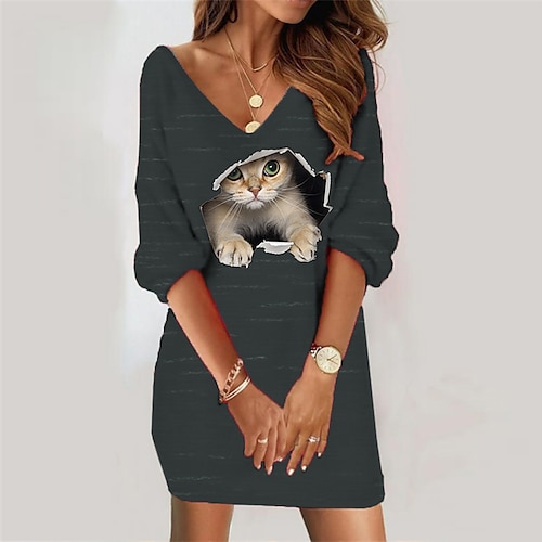 

Women's Casual Dress Shift Dress Mini Dress Black Green 3/4 Length Sleeve Animal Print Winter Fall Spring V Neck Fashion Daily Loose Fit 2023 S M L XL XXL 3XL