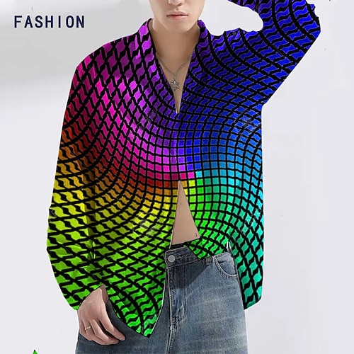 

Men's Shirt Optical Illusion Gradient Graphic Prints Turndown Black Blue Green Outdoor Street Long Sleeve Button-Down Print Clothing Apparel Fashion Designer Casual Soft